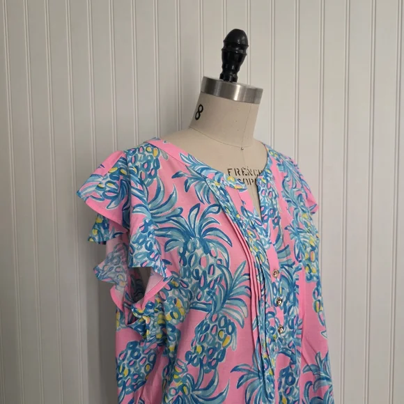Lilly Pulitzer Tropical Pink Pineapple Print Blouse XL - Picture 4 of 8